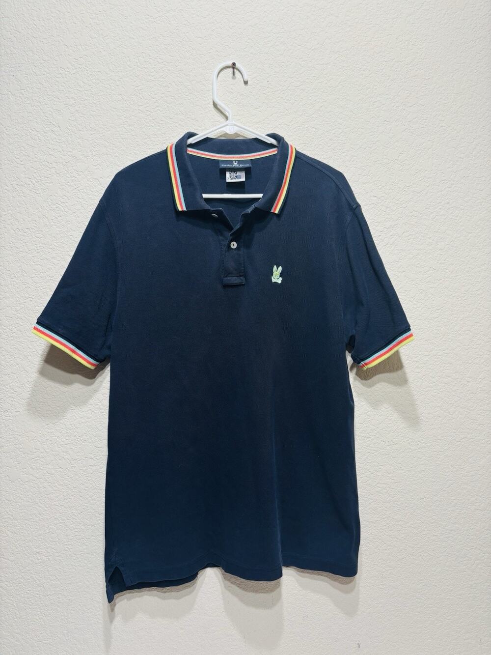 Psycho bunny Polo Shirt Navy Blue Size 7 Striped Collar